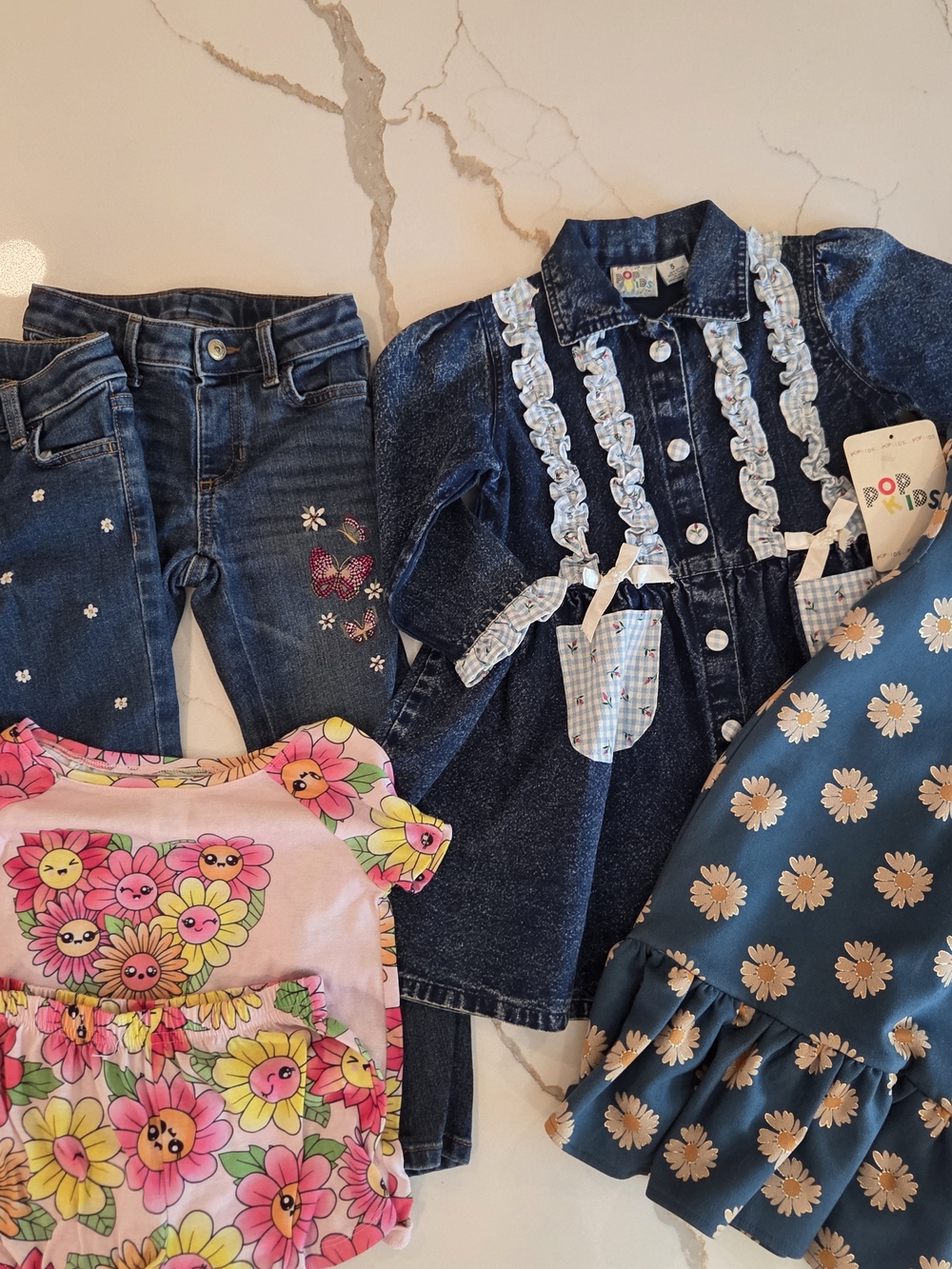 Girls Cottagecore Bundle Denim Dress Daisy Ruffle Dress Embroidered Jeans 5/6